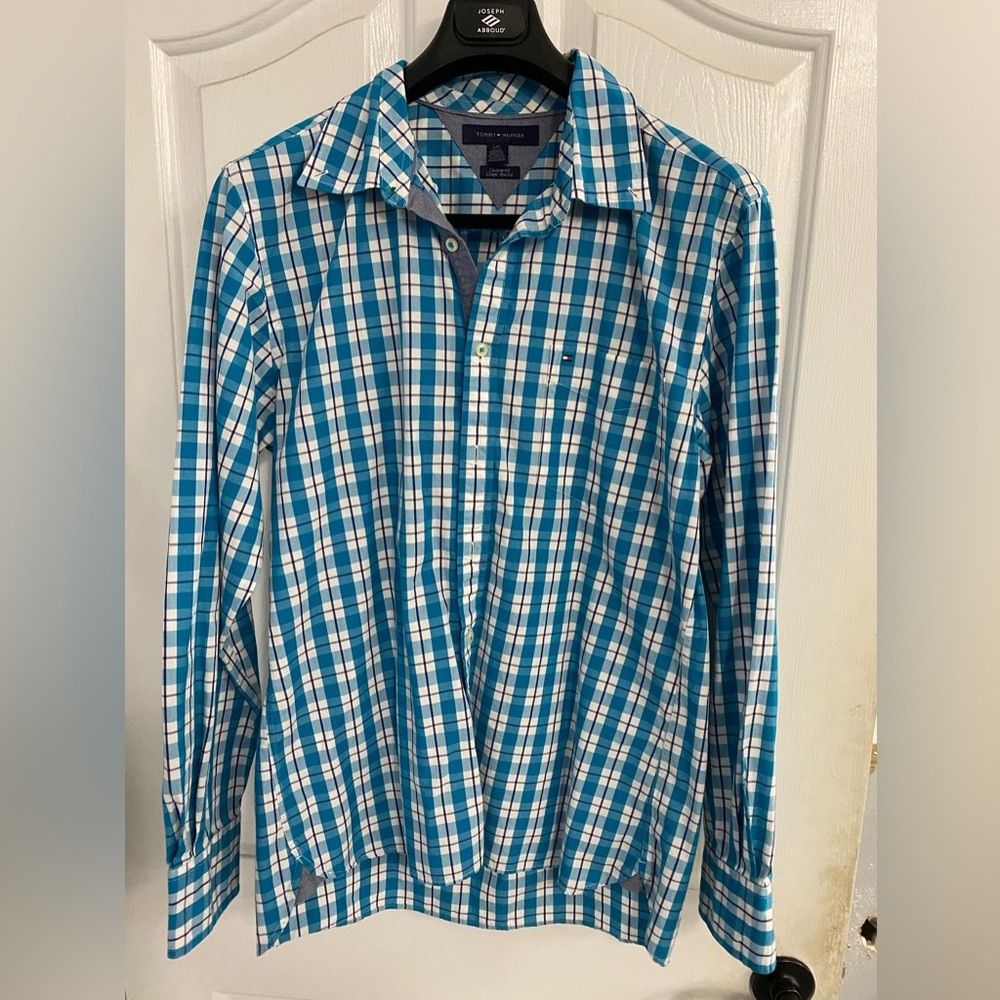 Tommy Hilfiger Blue and White Checkered Shirt size large in great condition